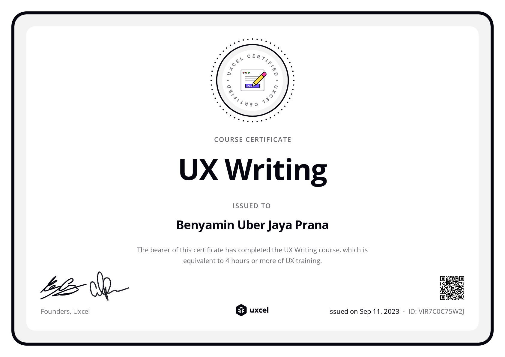 Benyamin Uber Jaya Prana's certificate